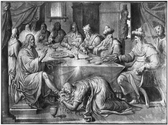 Leben Christi, das Mahl im Haus des Simon des Pharisäers, vorbereitende Studie eines Wandteppich-Kartons für die Kirche Saint-Merri in Paris, ca. 1585-90